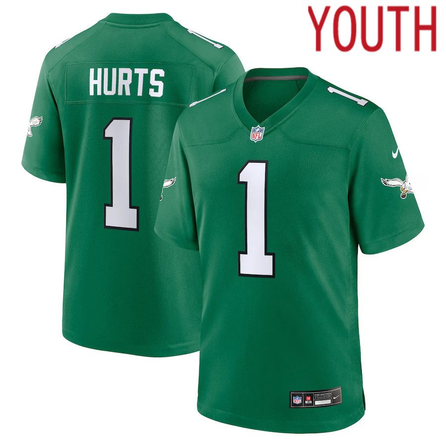Youth Philadelphia Eagles #1 Jalen Hurts Nike Kelly Green Alternate Player Game NFL Jersey->youth nfl jersey->Youth Jersey